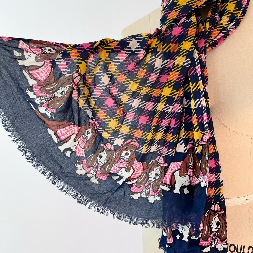 Talbots Scarf Navy Blue Pink Yellow Houndstooth Basset Hound Dog Print Fringe - Picture 5 of 5